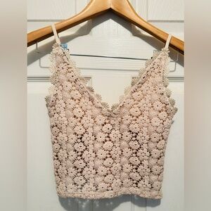 H&M Ivory Cream Crochet Sheer Floral V Neck Tank Top Size Small